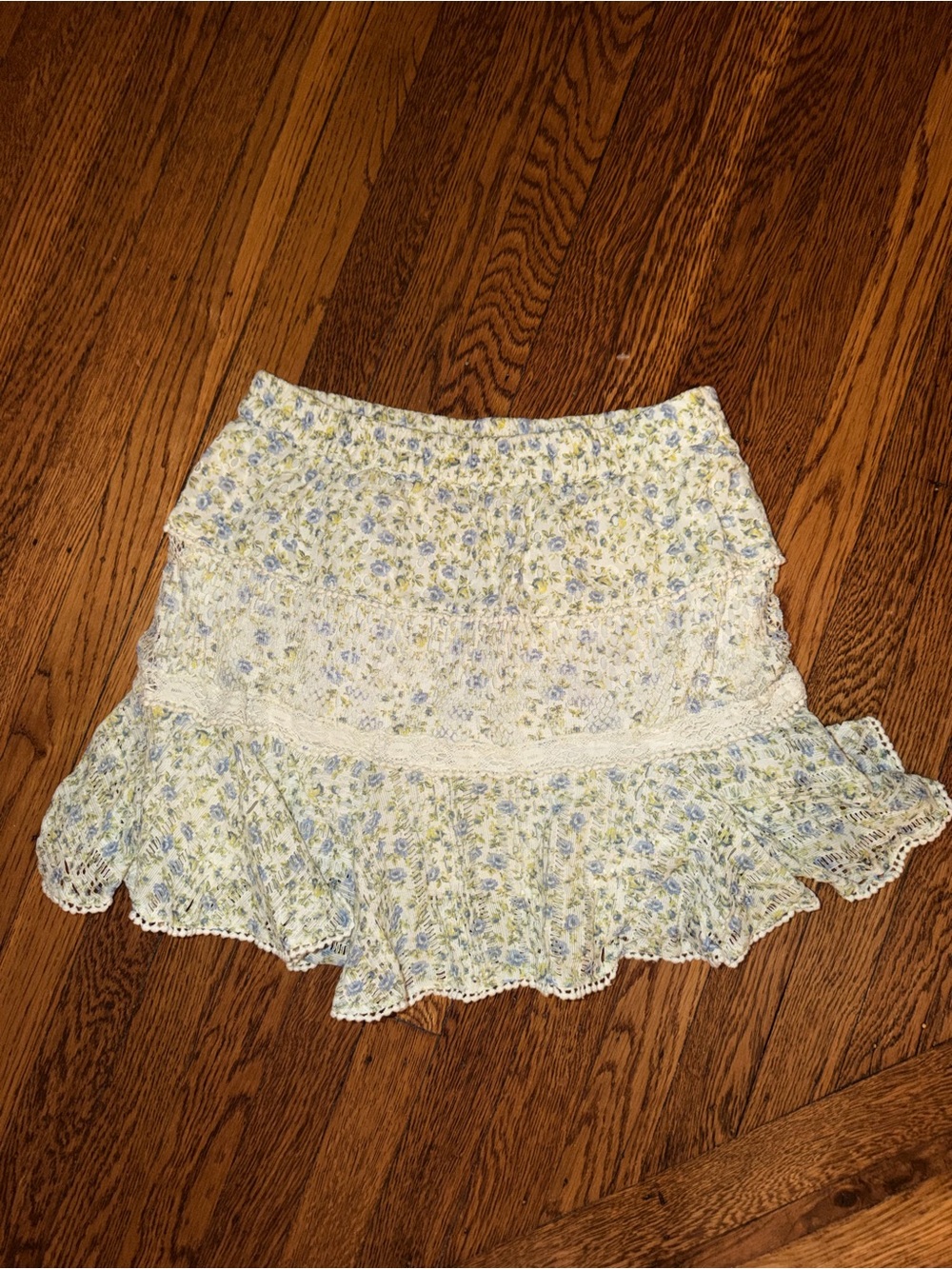 LoveShackFancy Blue & Cream Floral Ruffle Mini Skirt